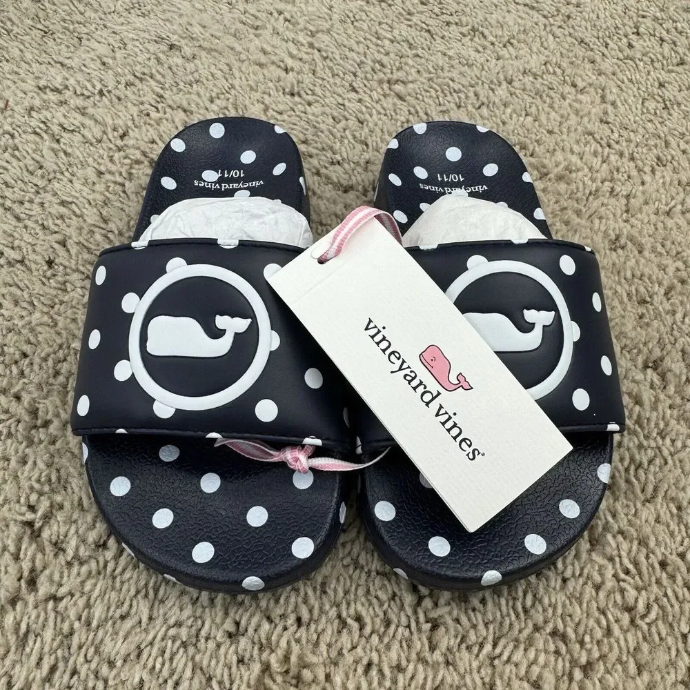 Vineyard Vines Slides Girls 10/11 Navy Polka Dot Whale Logo Poolside Sandal‎ NWT